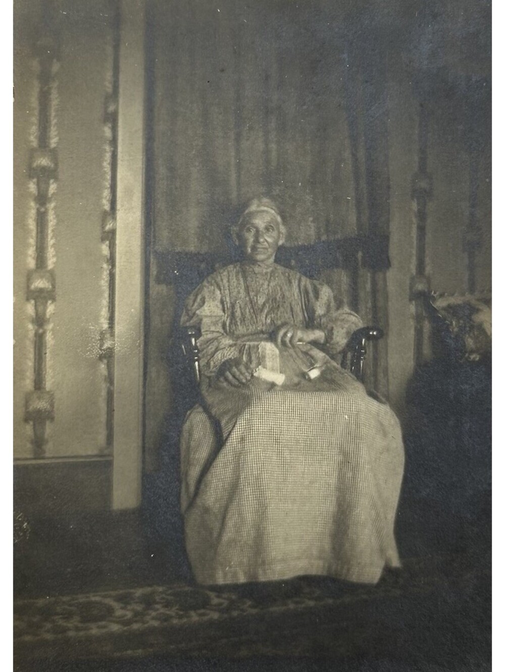 Vintage RPPC Antique Photo Elderly Woman In Rocking Chair Bonnet Folk Art   E-12